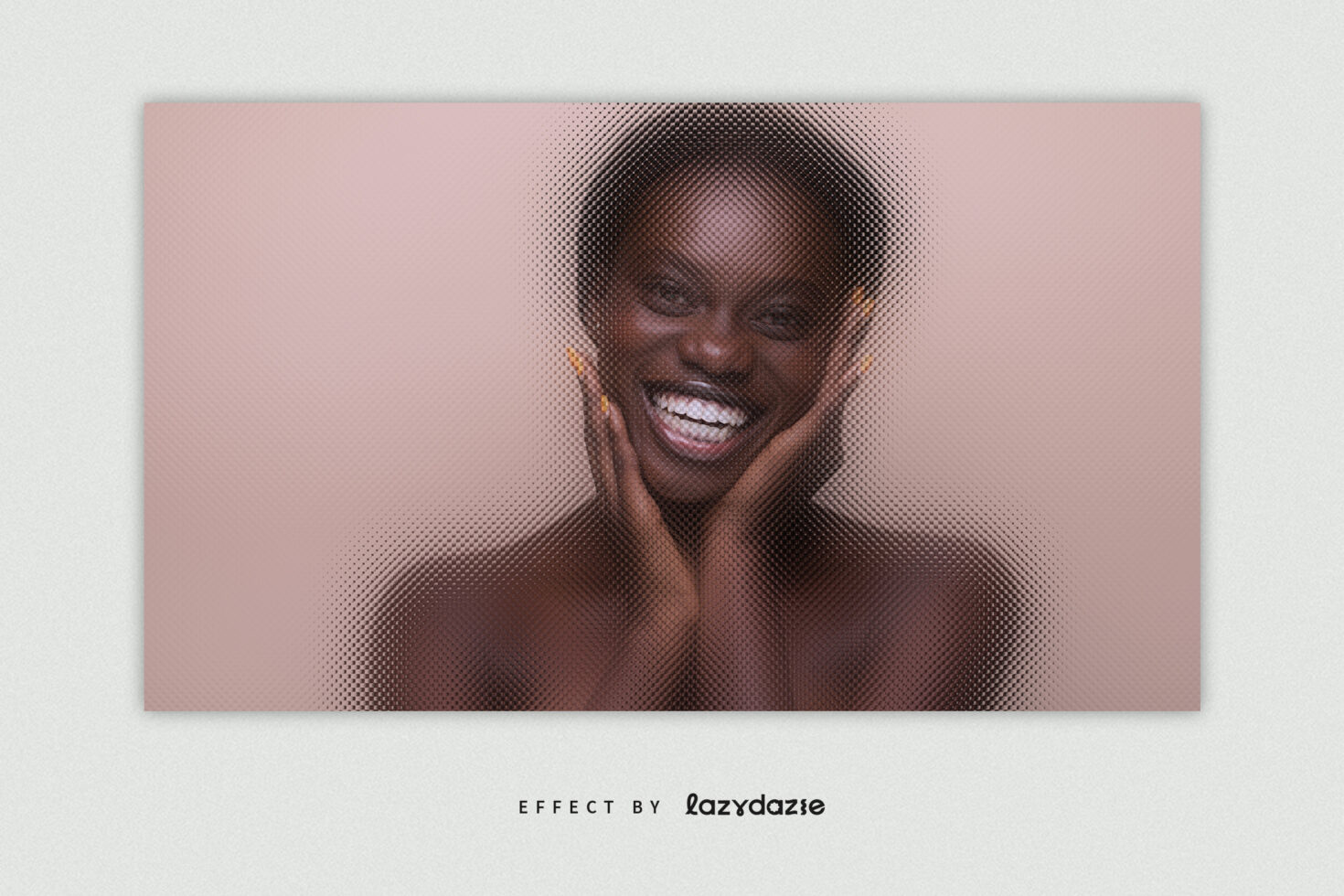 Halftone effect portrait of a smiling person on a pink background. Graphic design asset for designers. Keywords: halftone, portrait, graphics, template.