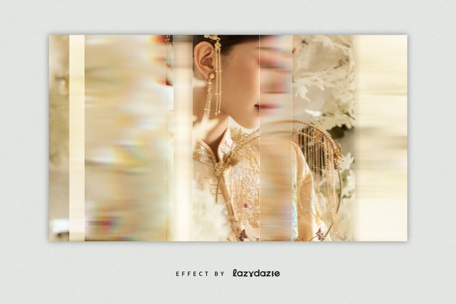 Gold fashion portrait sliced vertically with soft glitch effect, model in metallic jacket