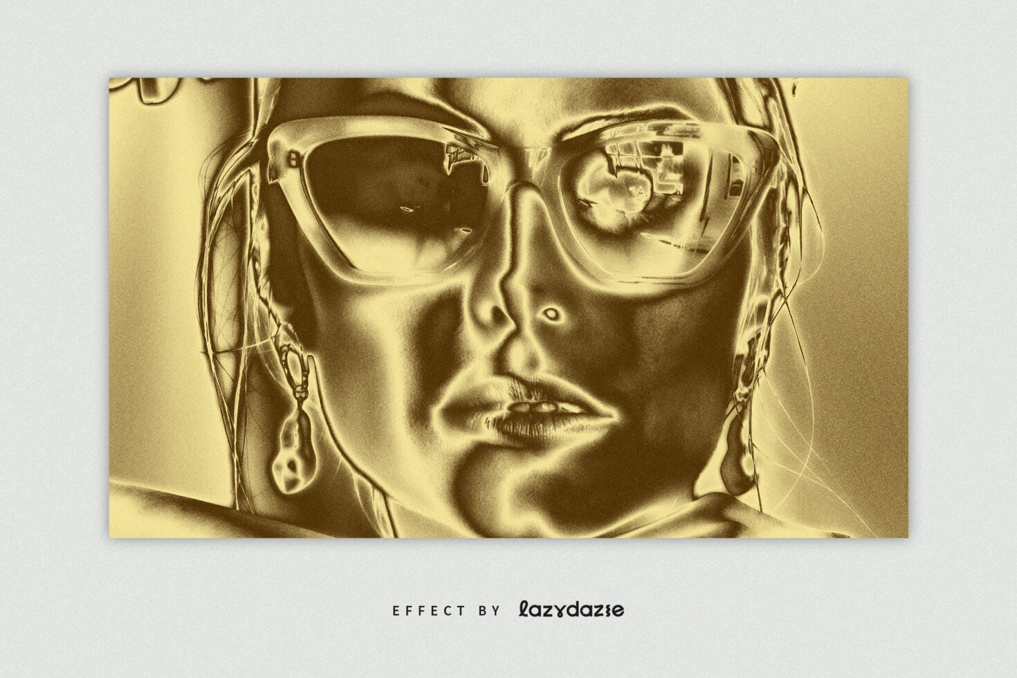 Golden textured portrait effect featuring a stylish woman in sunglasses. Ideal for graphic design projects. Perfect for transformative photo mockups.