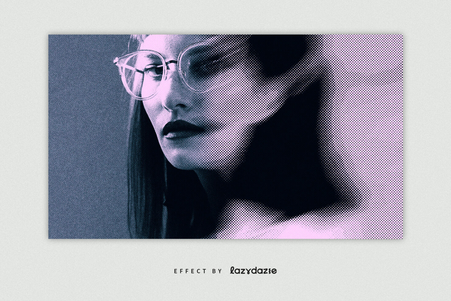 Halftone photo effect of a woman wearing glasses with a retro style. Ideal for graphic designers and digital art projects. Enhance your mockups or templates.