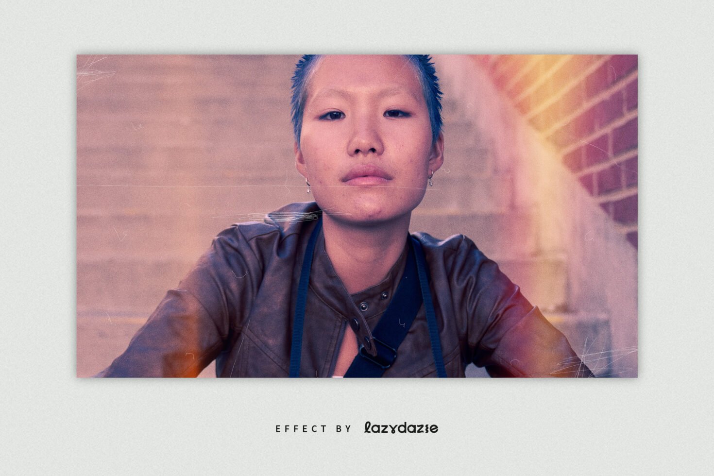 Portrait of a person with a vintage filter sitting on steps wearing a leather jacket offering a retro aesthetic perfect for graphic design mockups.