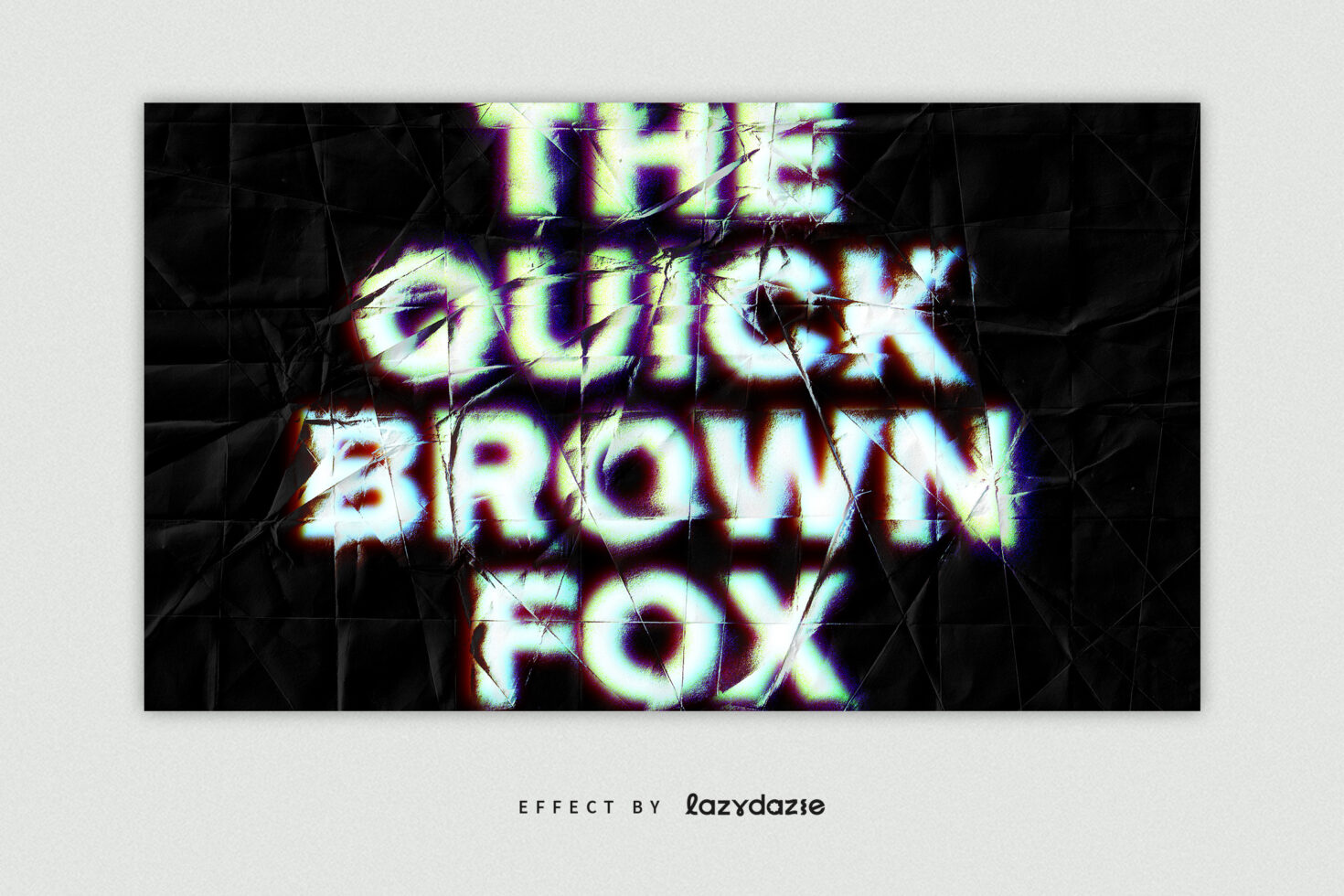 Distorted text saying The Quick Brown Fox with a glitch effect on a crumpled black background. Suitable for graphic designers. Keywords: typography, effect.