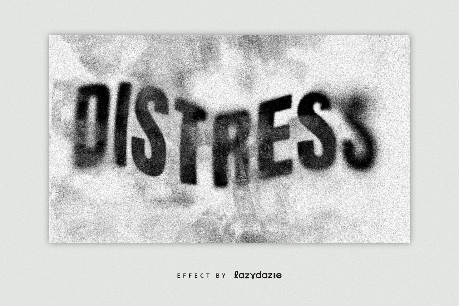 Distorted black stencil text DISTRESS on a textured grayscale background. Perfect for designers needing a distressed effect in graphics and templates.