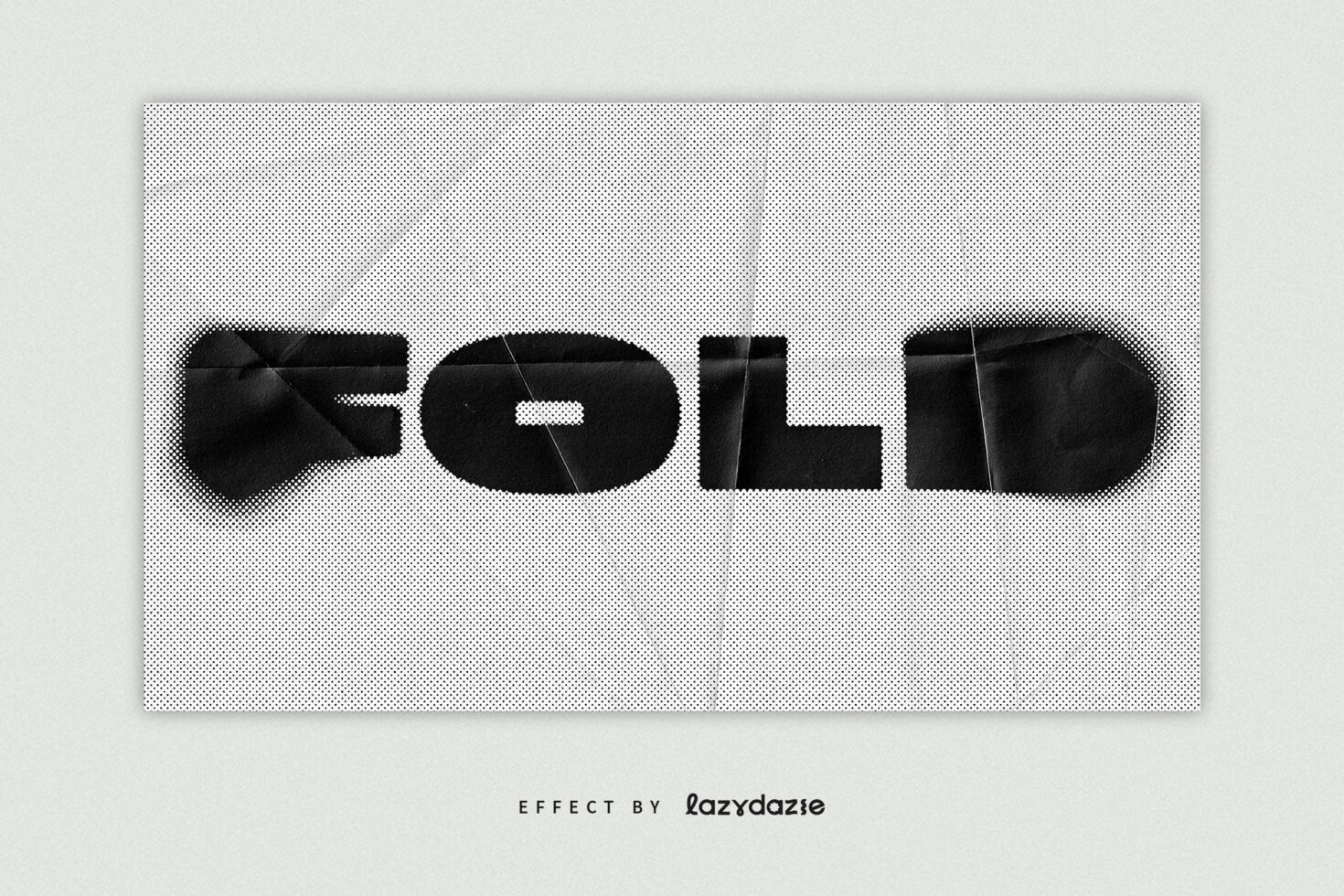Halftone poster mockup featuring the word FOLD in bold black letters on a textured gray background. Ideal for graphic design and typography.