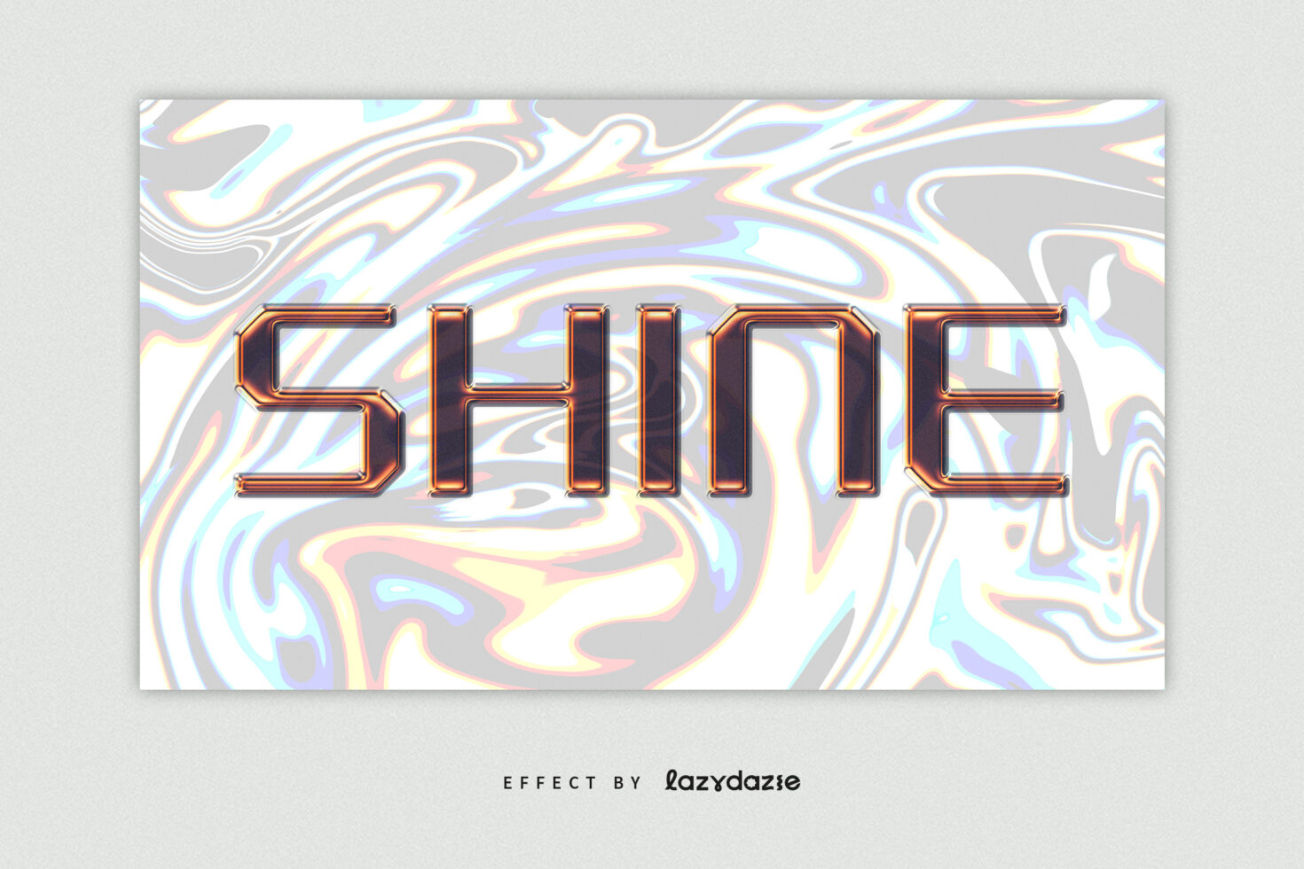 Holographic text effect reading SHINE on a vibrant iridescent background suitable for graphic design templates and digital art projects. Keywords: Mockups, Fonts.
