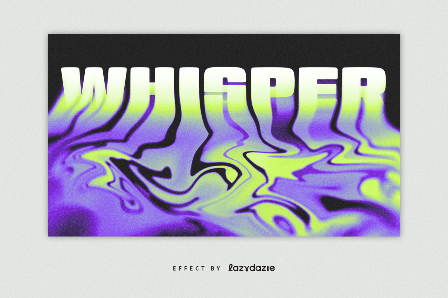Psychedelic text effect with vibrant purple and green swirls titled Whisper for digital design use. Ideal for graphics designers seeking unique typography.