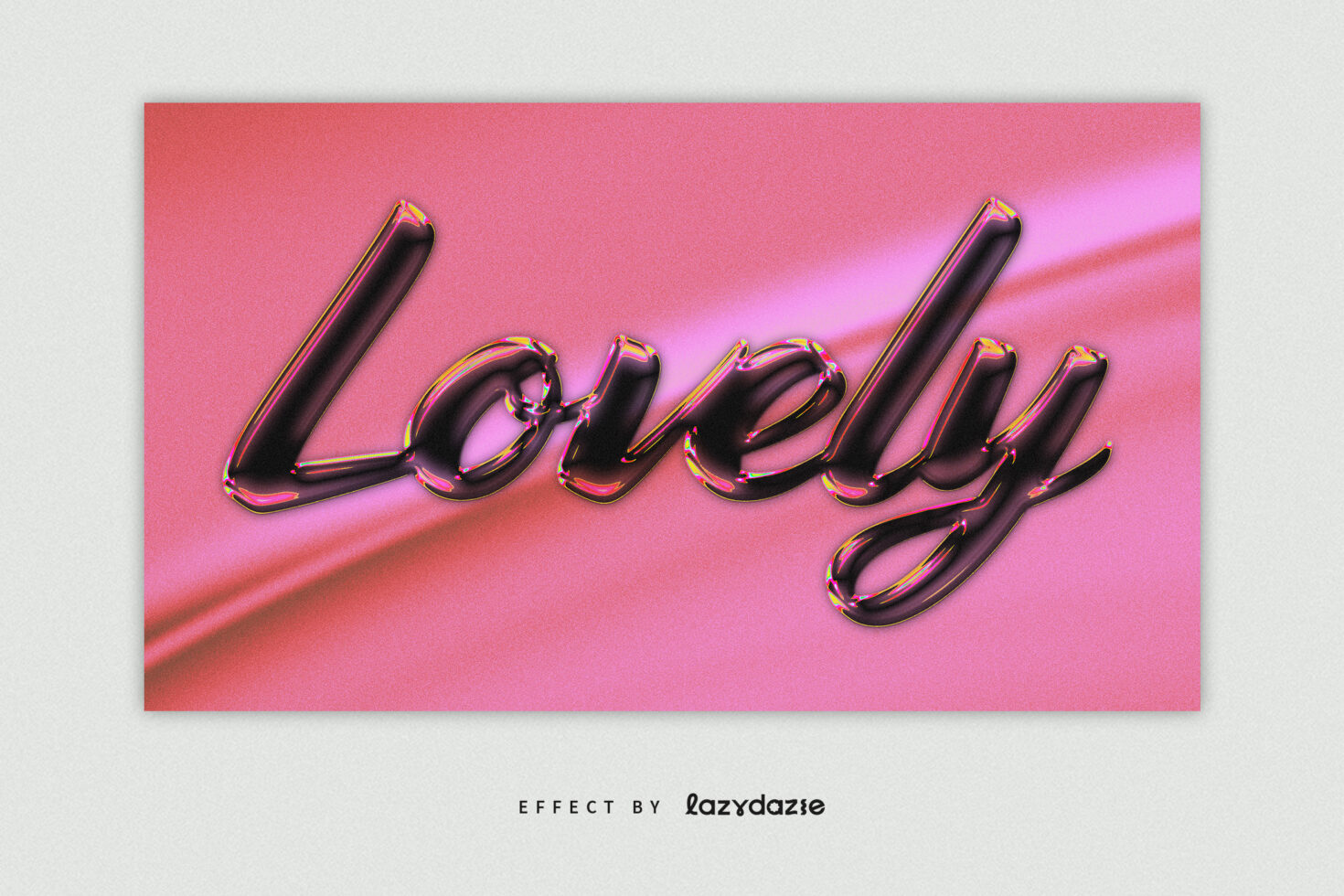 Text effect image with the word Lovely in glossy black script on a pink background. Keywords: text effect, typography, graphic design, editable font, mockup.