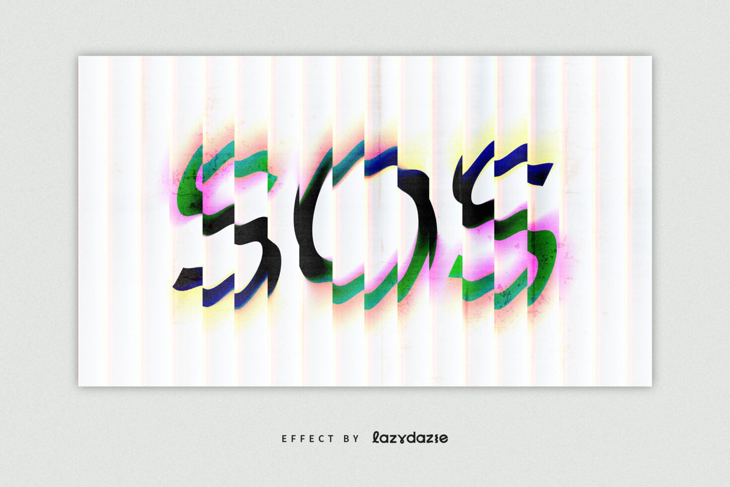 Melting text effect featuring SOS with a glitchy, colorful design on a striped background ideal for graphic design projects and modern art templates.