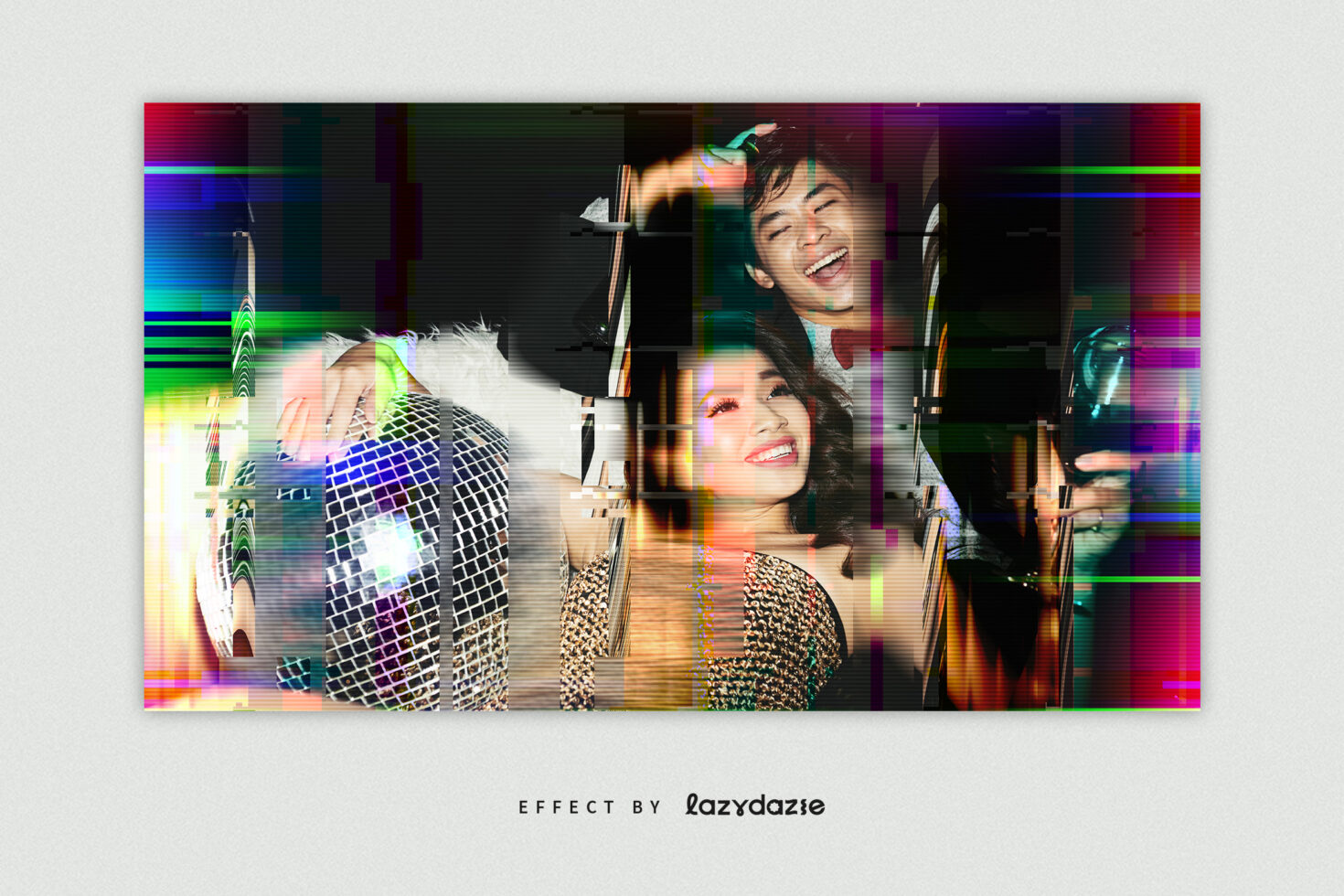 Glitch effect mockup with vibrant colors showing two people holding champagne and a disco ball, perfect for digital party graphics or design templates.