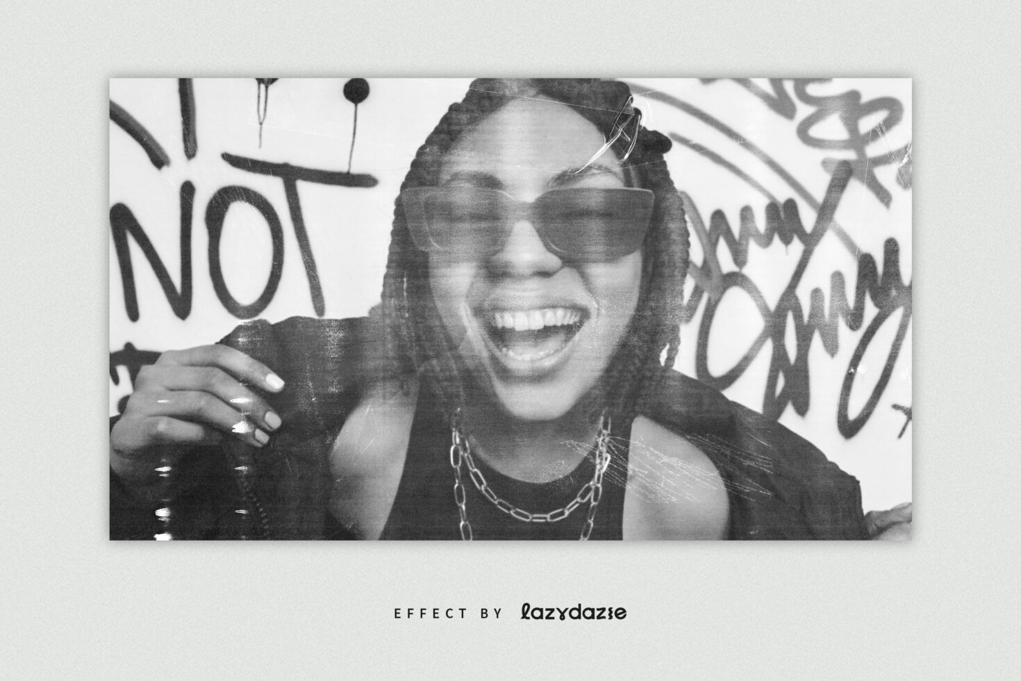 Black and white urban street art mockup with expressive woman wearing sunglasses textured with graffiti background digital asset for designers.