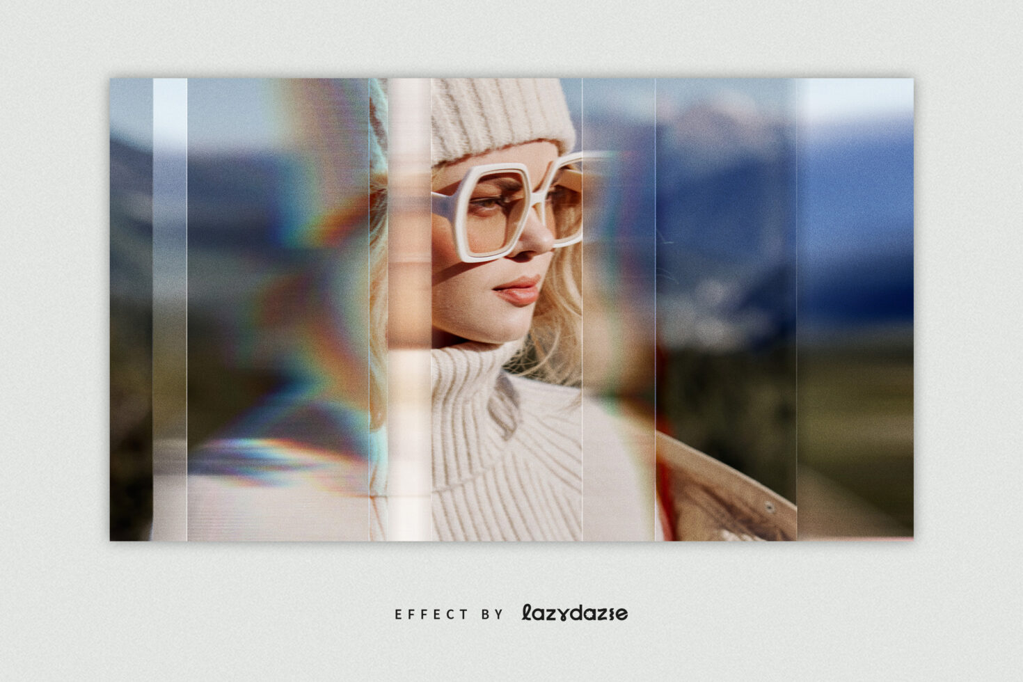 Wide portrait with vertical color divisions, woman in beanie with white sunglasses outdoors