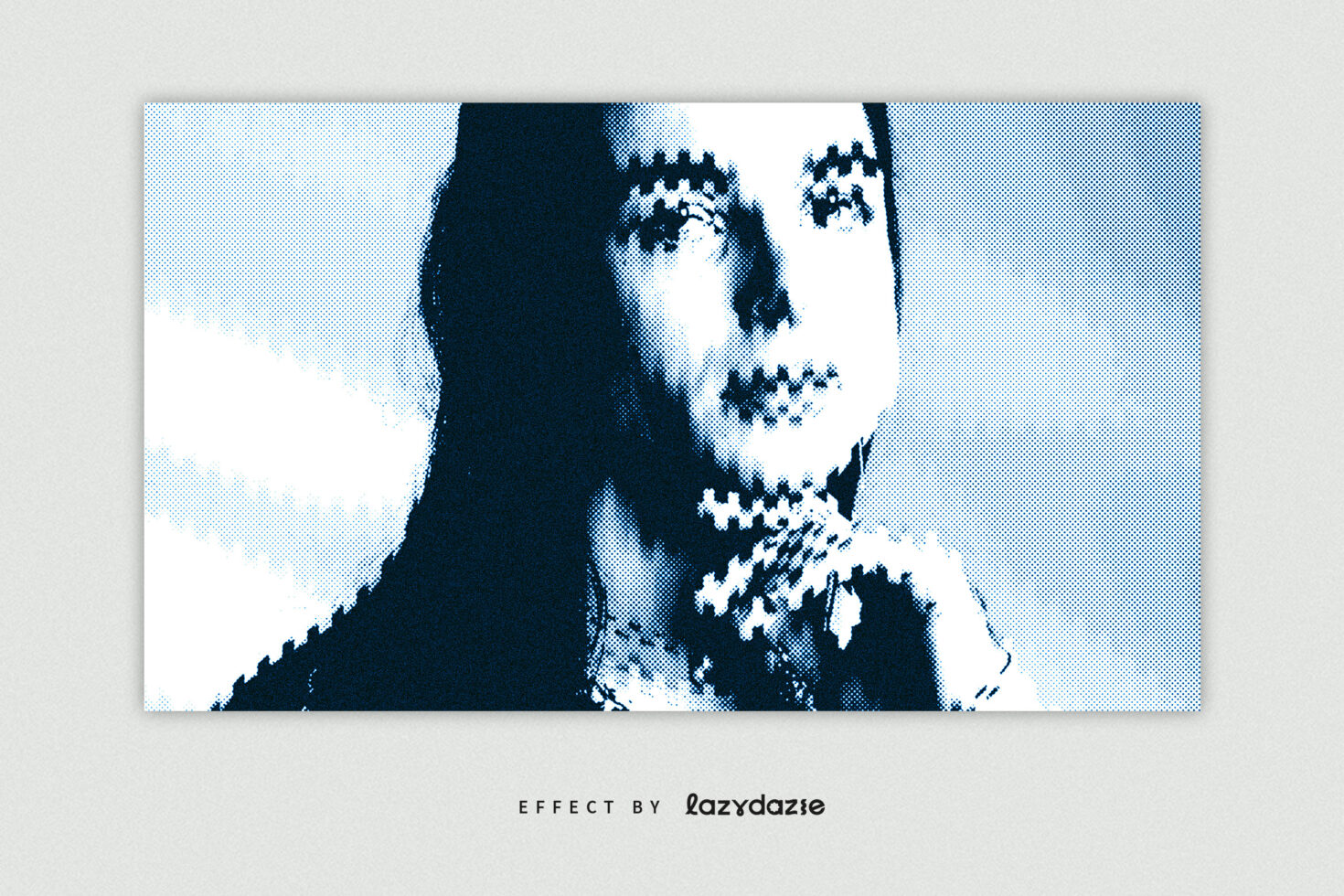 Halftone portrait of a person with digital glitch effect. Blue and white color scheme. Suitable for graphic design projects and digital assets.