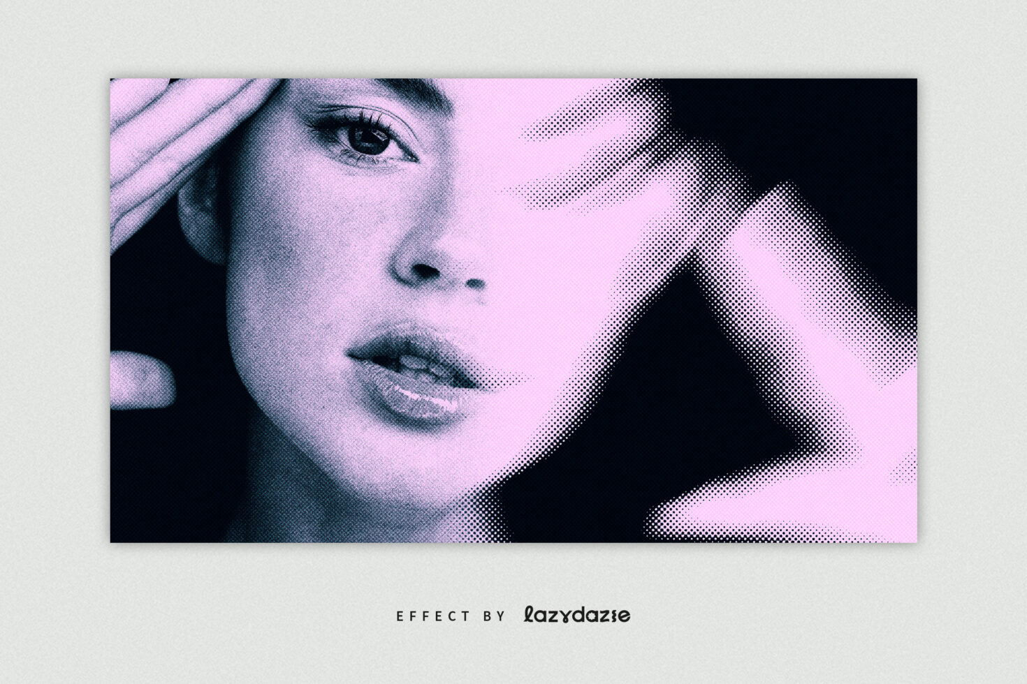 Halftone portrait effect with pink and purple tones on a woman's face. Ideal for graphic designers. Perfect for creative projects and digital assets.