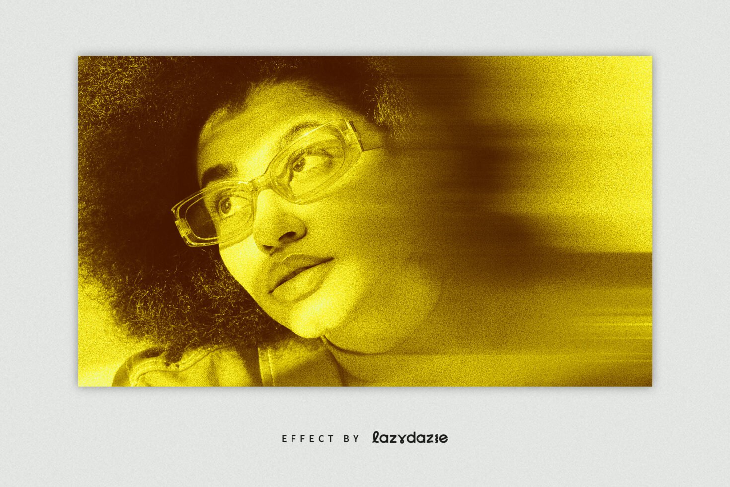 Portrait of a person in glasses with a yellow grainy effect and motion blur, digital graphic, creative asset, visual template for designers.