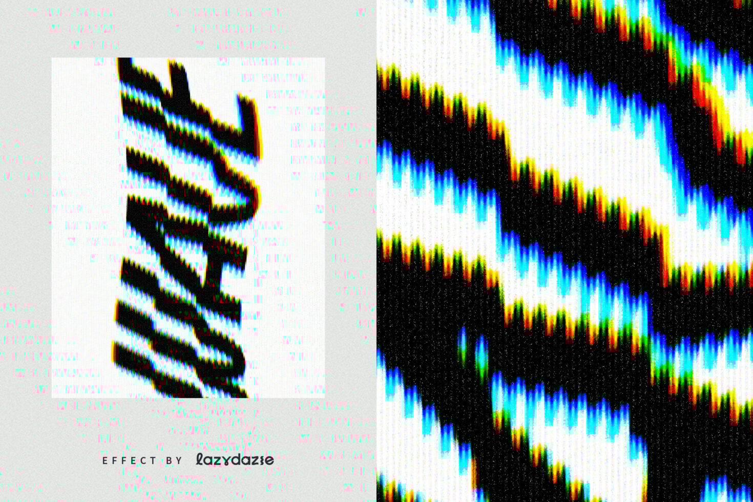 Wave distortion text effect with vibrant glitch colors suitable for designers. Perfect for creating unique mockups, graphics, and digital templates.