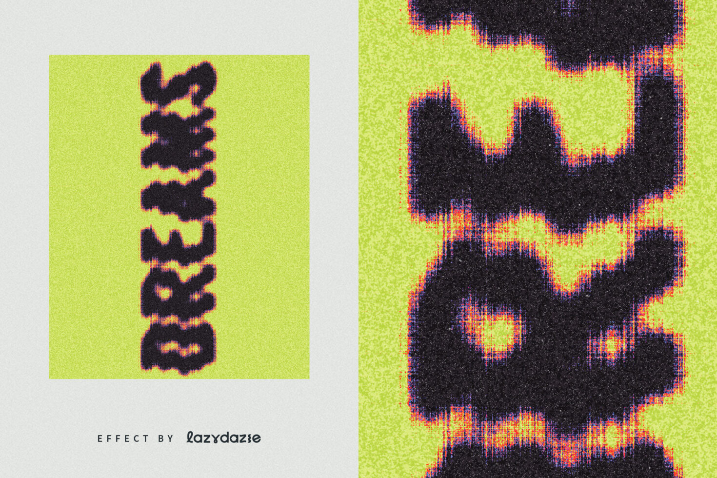 Distorted text effect reading Dreams on bright green background ideal for graphic designers seeking unique text styles for creative projects and typography design.