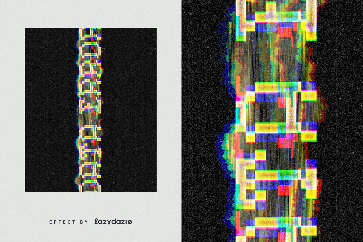 Vibrant glitch effect graphic showcasing distorted pixel art with colorful rectangles on black. Perfect for designers seeking unique digital assets for projects.