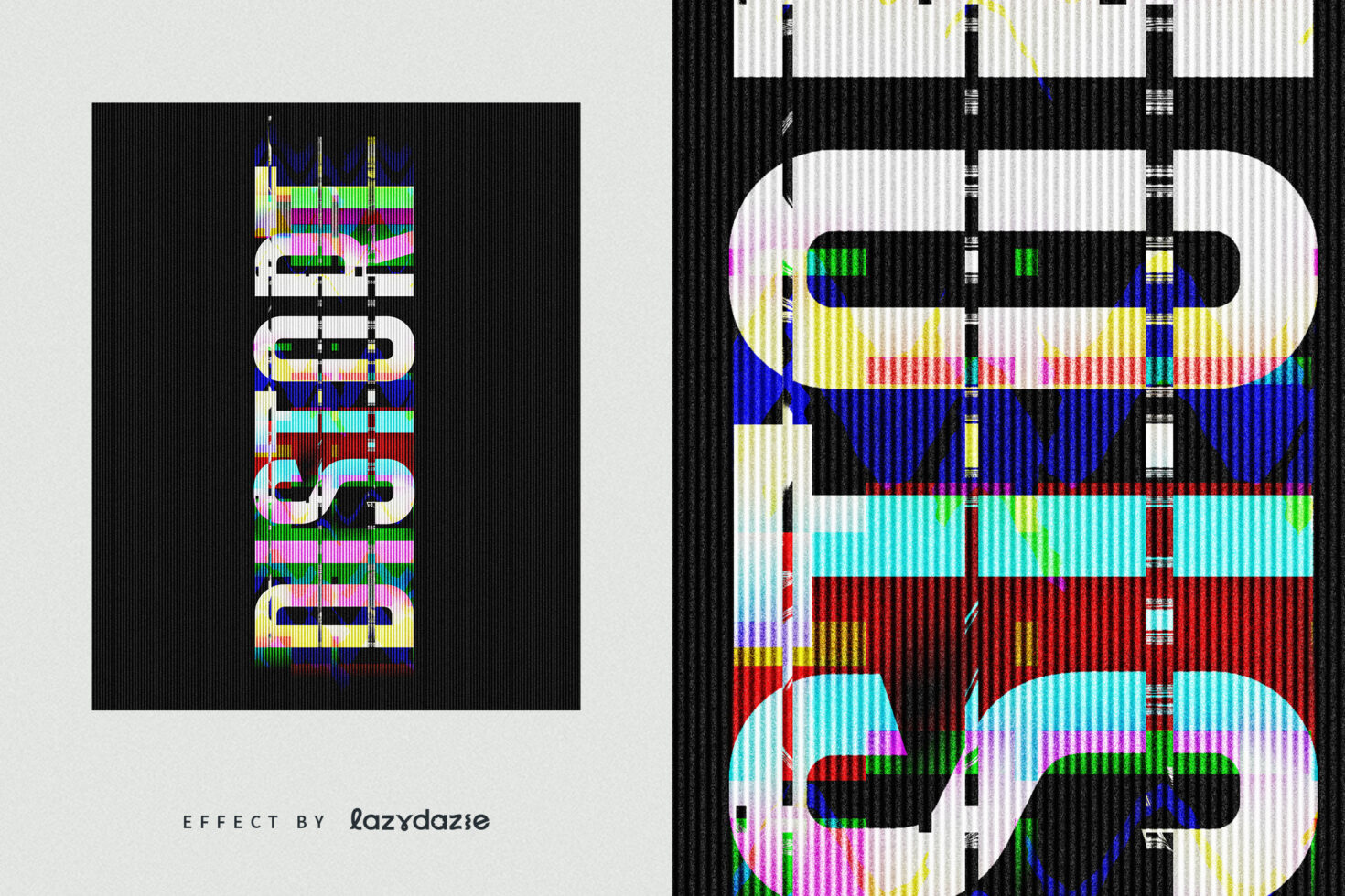 Distorted text effect mockup featuring vertical glitch lines vibrant colors suitable for graphic design projects digital assets templates creative fonts