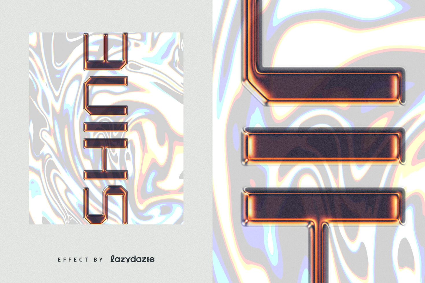 Text effect design with iridescent swirl background and bold 3D typography. Suitable for graphic templates and mockups for creative projects.