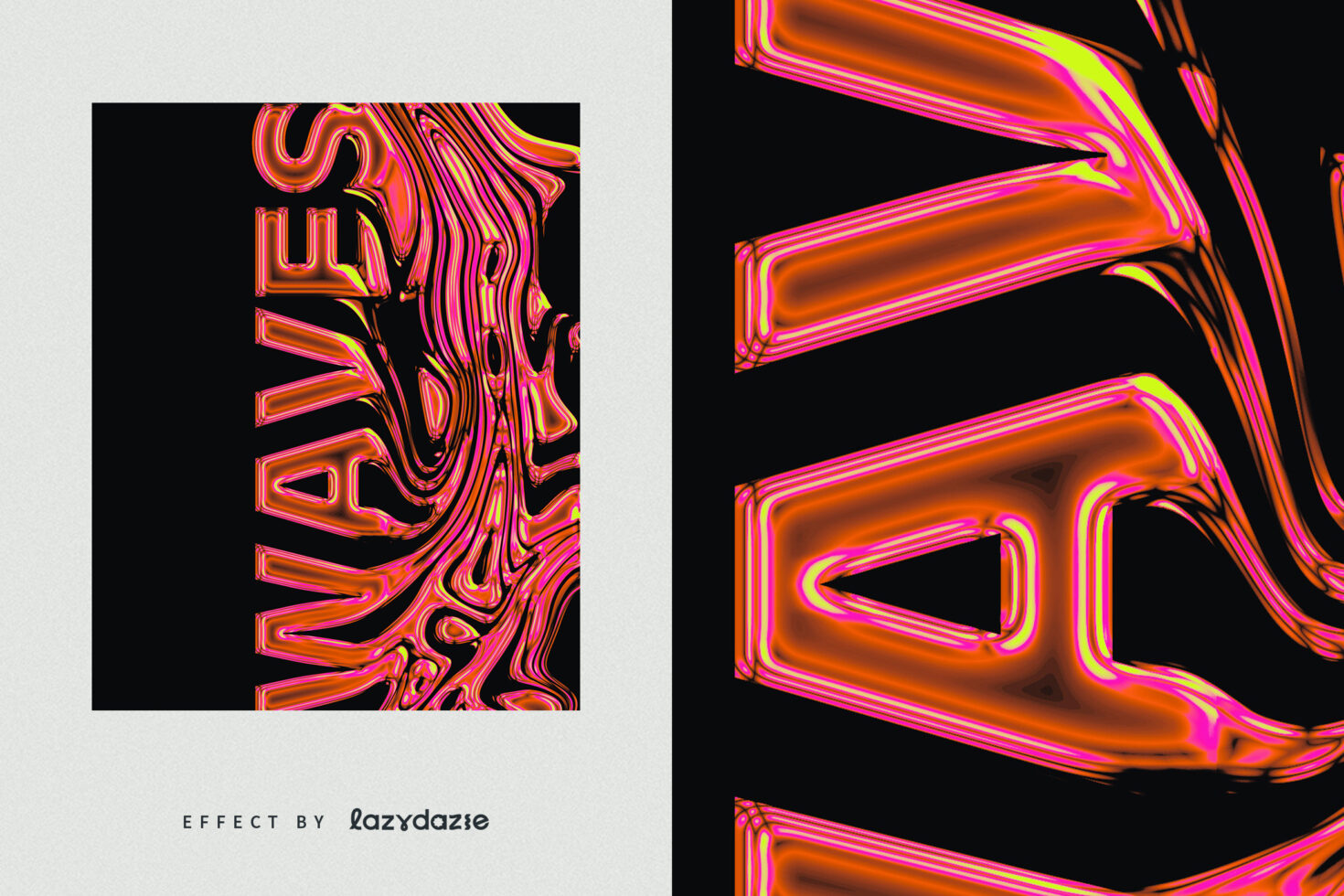 Colorful abstract graphic design template featuring distorted wavy text in vibrant pink and orange hues on a black background perfect for designers.