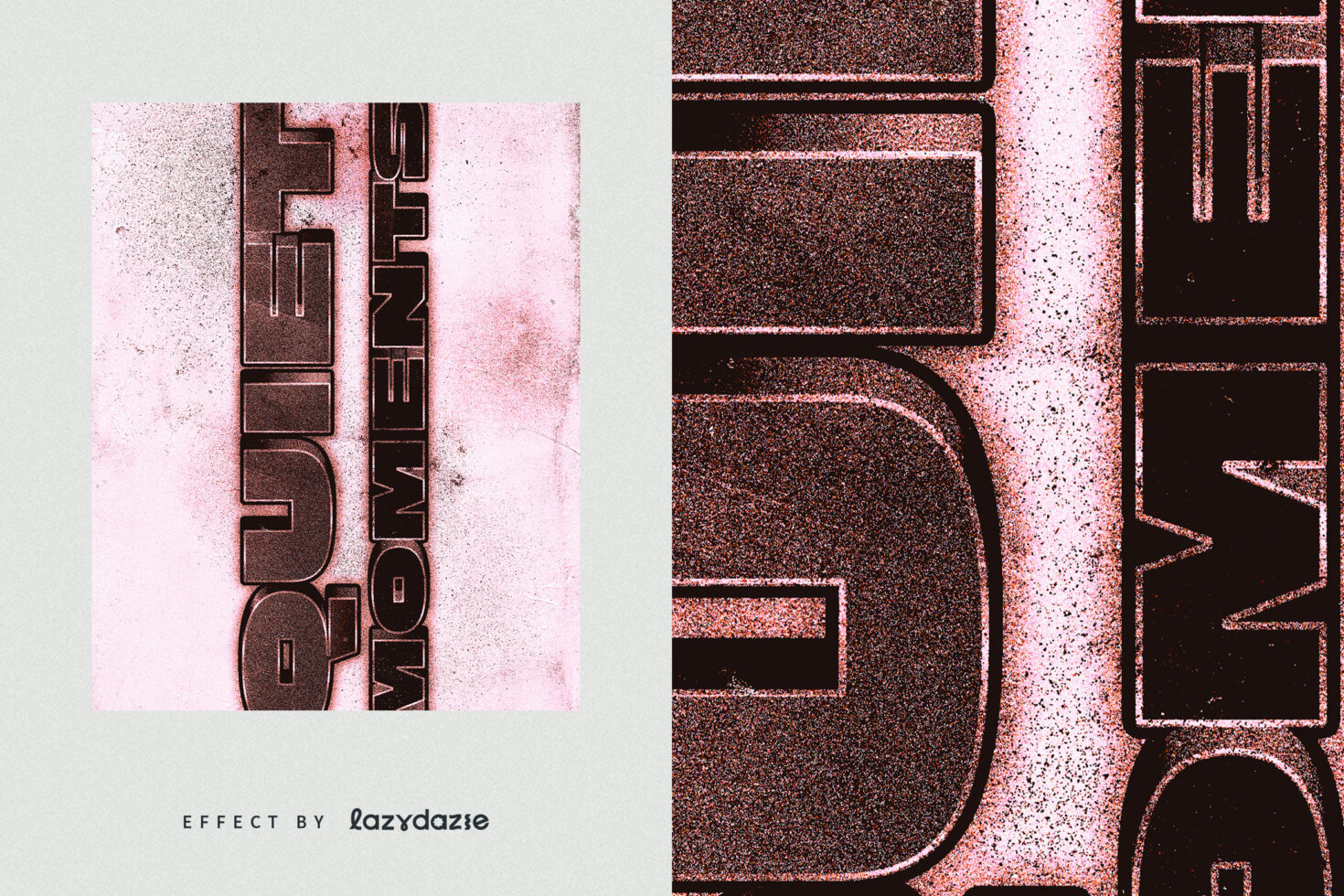 Distressed text graphic, Quiet Moments, in pink and black, showcasing textured font effect for design projects. Suitable for posters and branding.