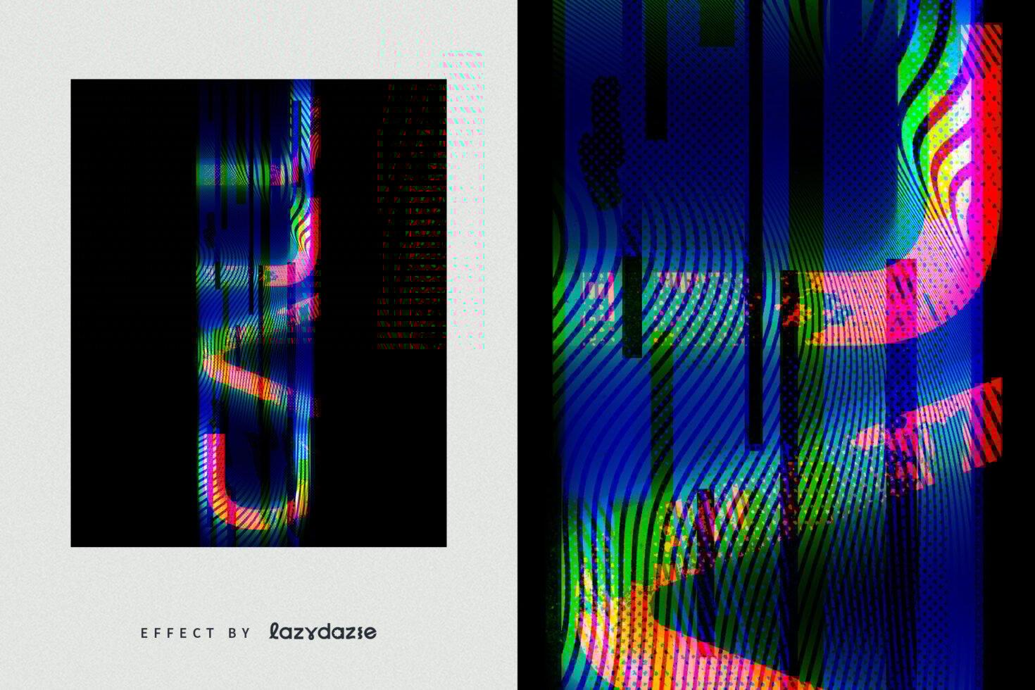 Abstract glitch typography art with vibrant colors and distortion effect ideal for graphic design projects and digital assets in modern style.