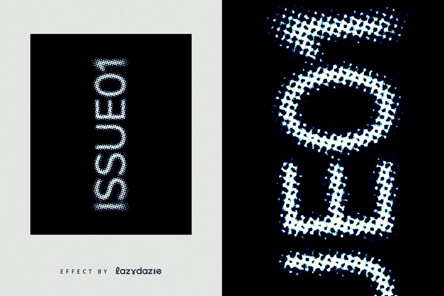 Modern digital font effect showing ISSUE01 in pixel halftone style on black background ideal for graphic design and typography projects.