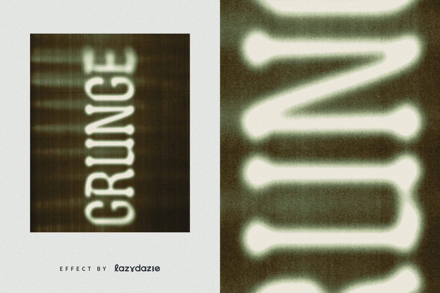 GRUNGE text vertical with soft green glow, pixelated VHS scan line effect