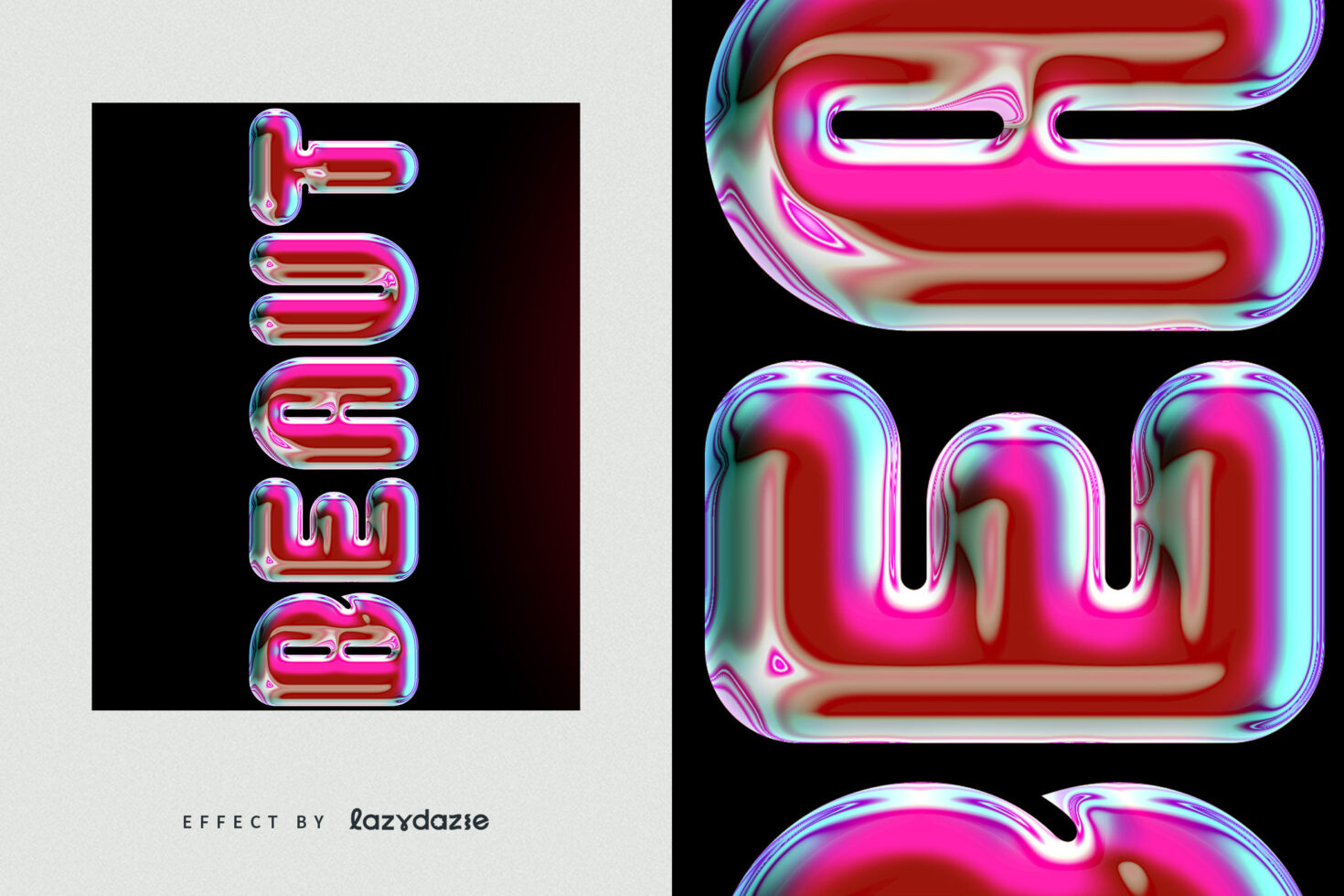 Neon pink liquid metal letters spelling GLOSSY with holographic drip effect