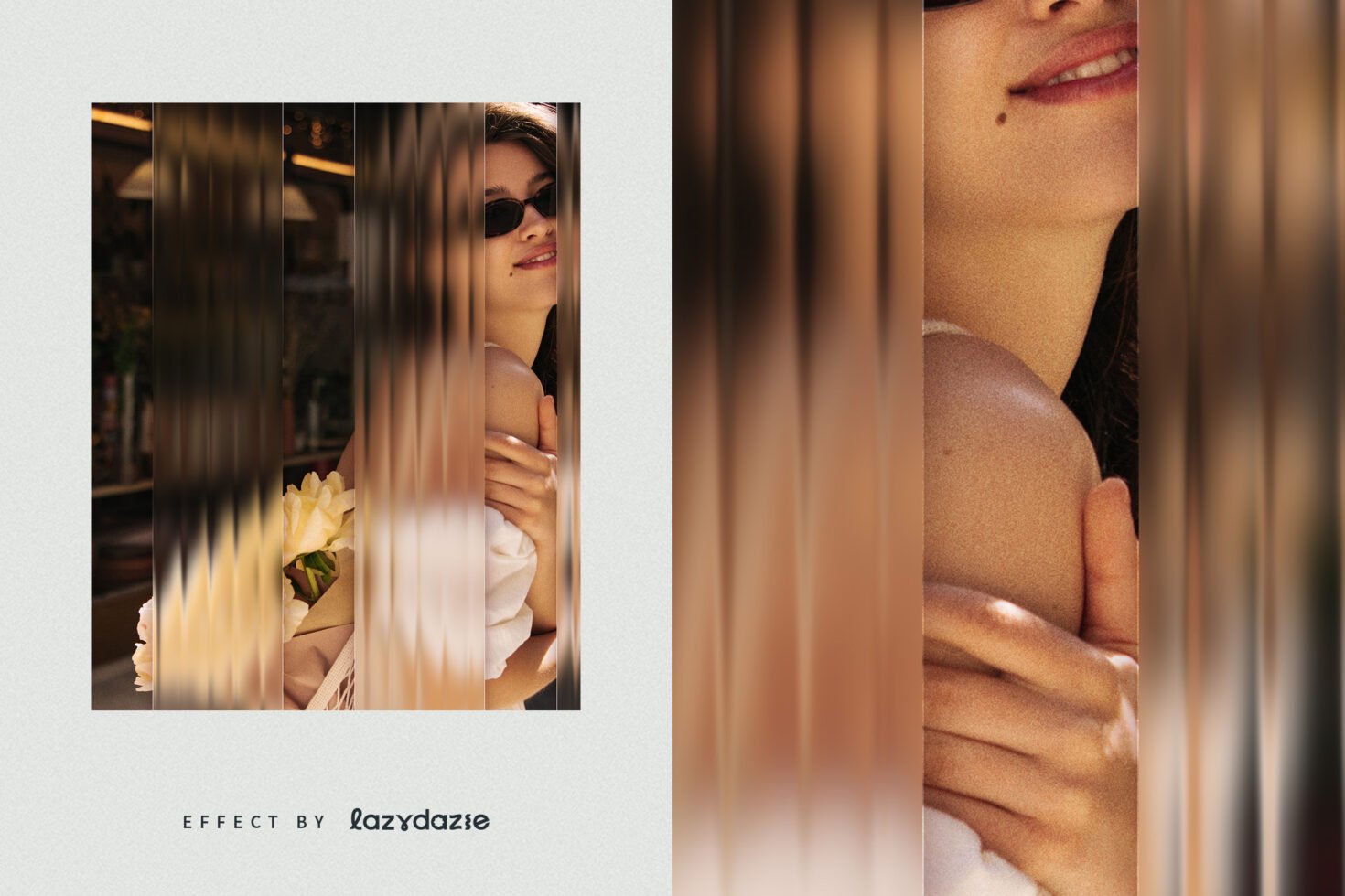 Abstract vertical blur photo effect template showcasing a stylish woman in sunglasses with flowers. Perfect for graphic design, mockup use, and digital art.