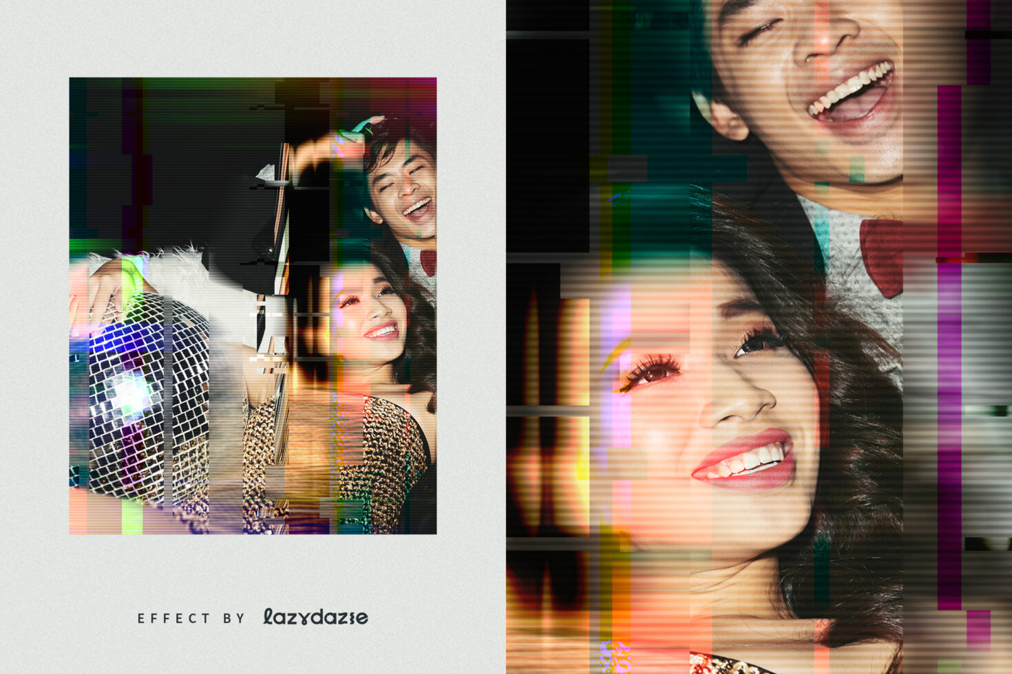 Dynamic glitch effect image showing people and a disco ball Party themed digital asset Ideal for graphic design projects and trendy templates
