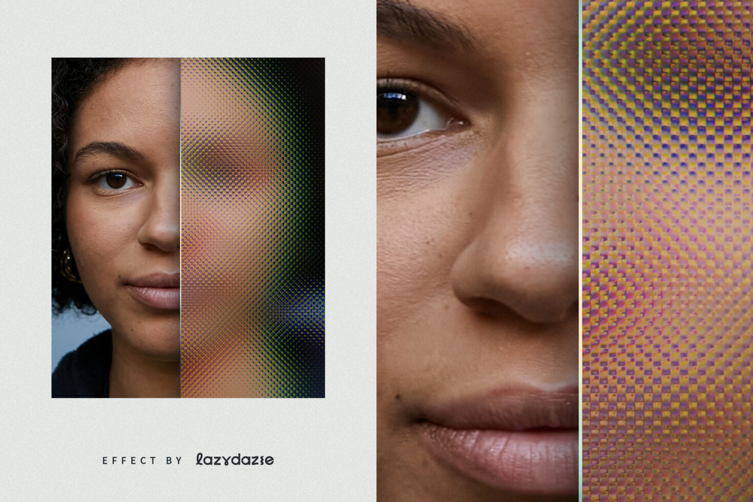Halftone portrait effect image showcasing a detailed facial close-up for graphic design templates emphasizing digital transformation and texture.