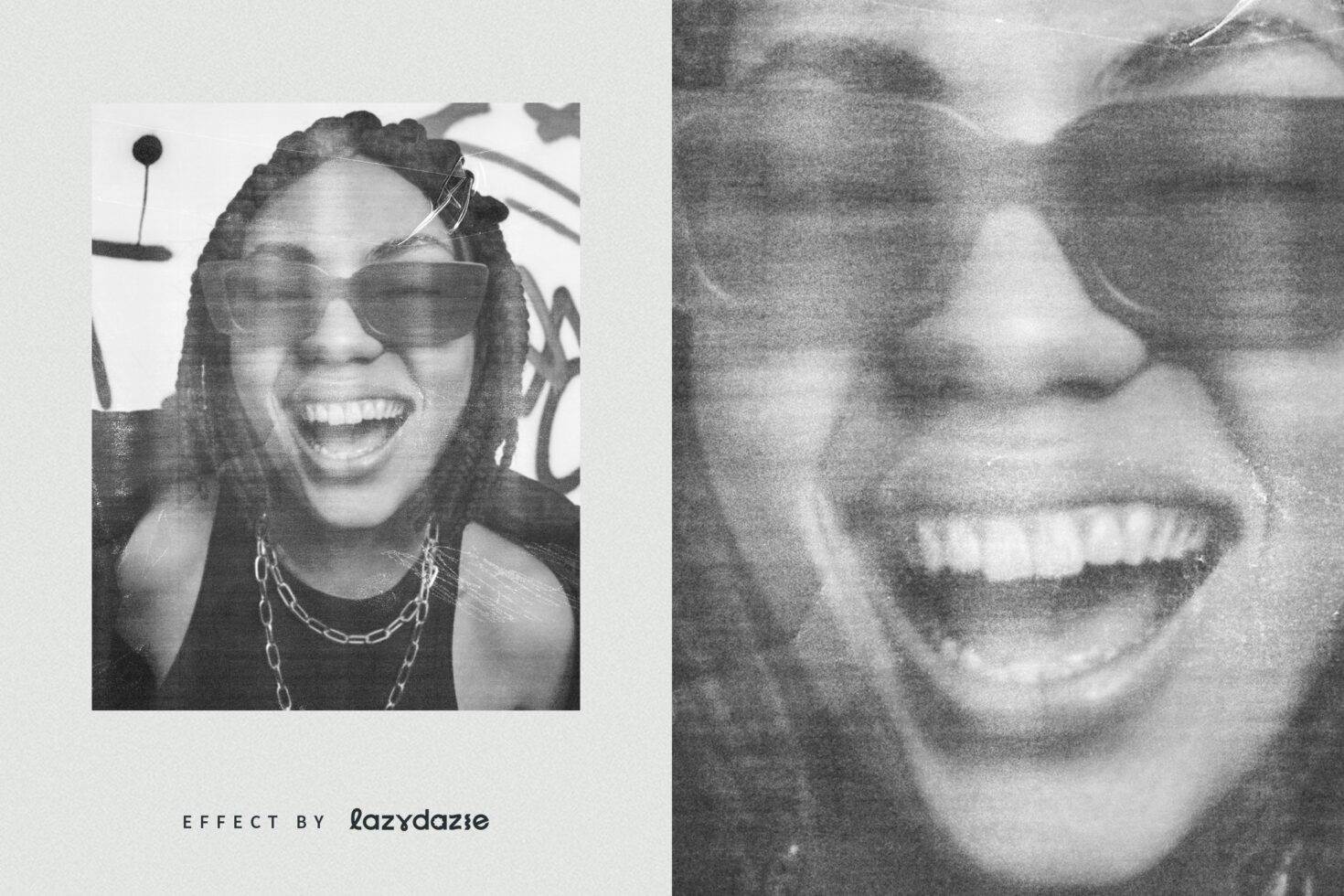Black and white photo effect with double exposure featuring a smiling person wearing sunglasses and braids. Ideal for graphic design mockups and templates.