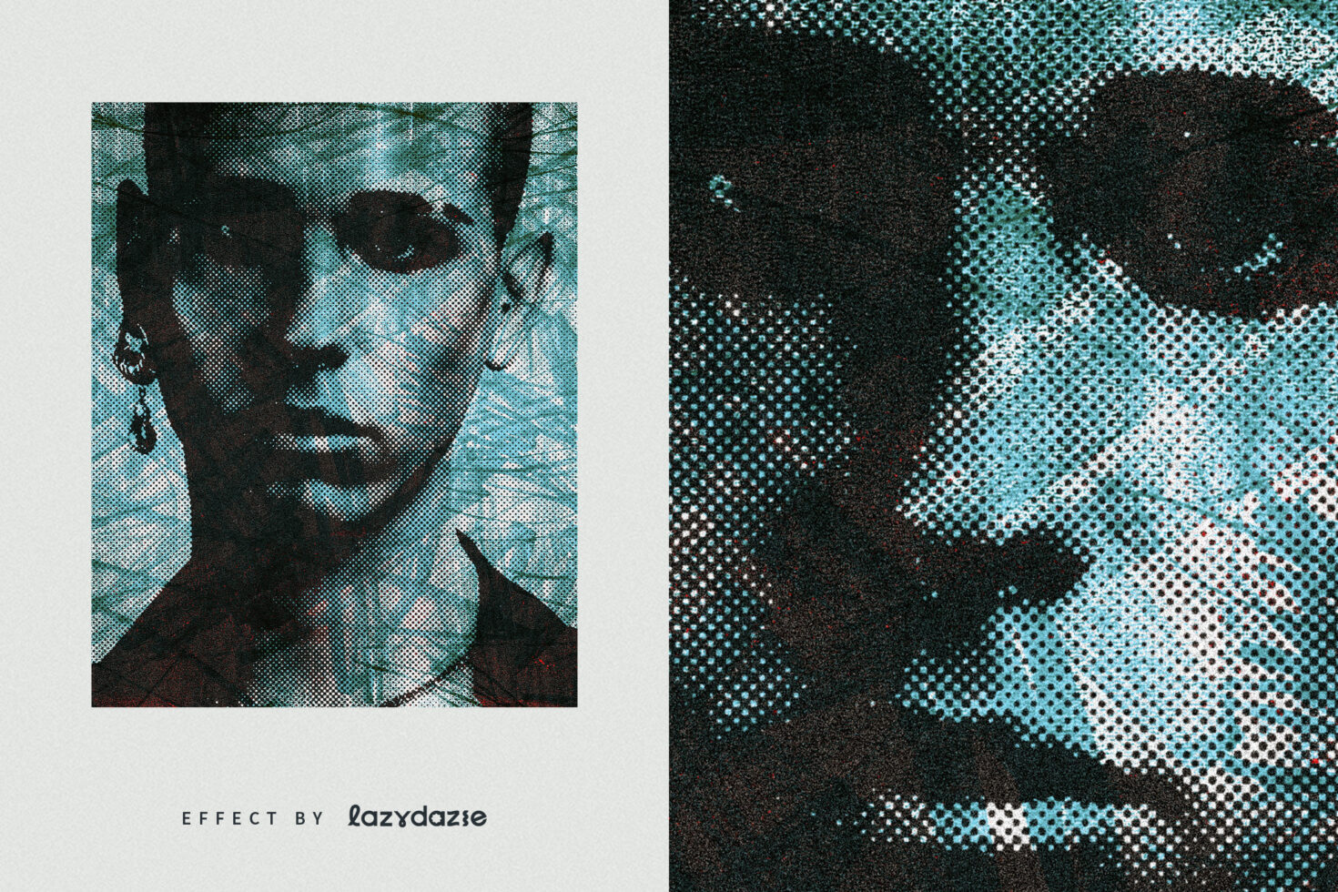 Halftone effect portrait of a person with earrings, showcasing a grunge style suitable for graphic design, textures, and templates. Digital asset for designers.