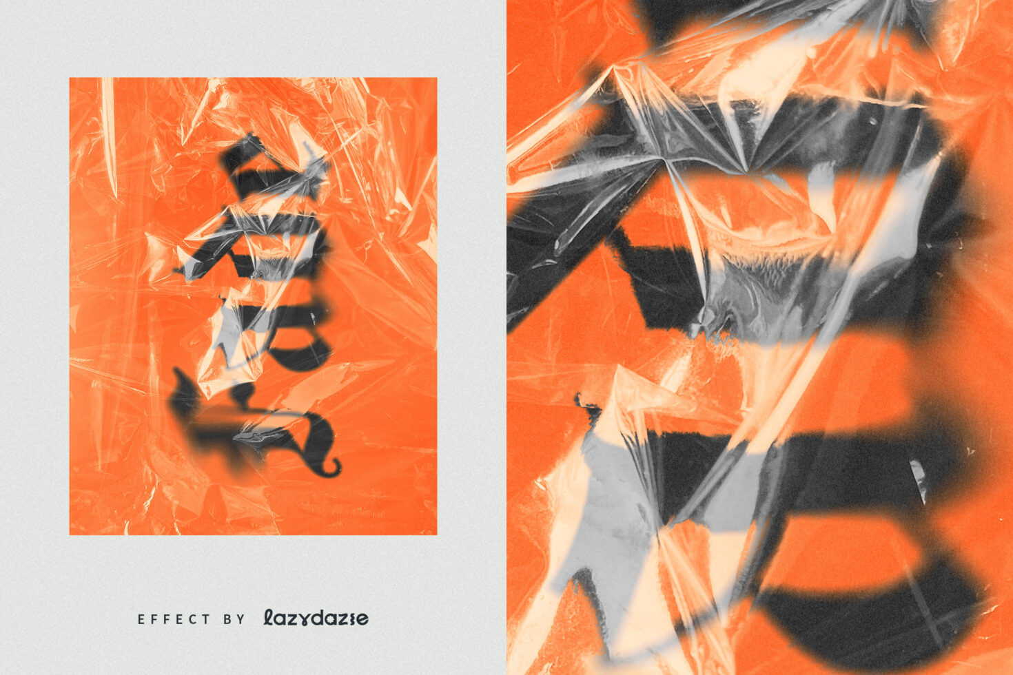 Abstract typography design with bold black letters on vibrant orange background covered in crumpled plastic texture. Perfect for graphic design projects.