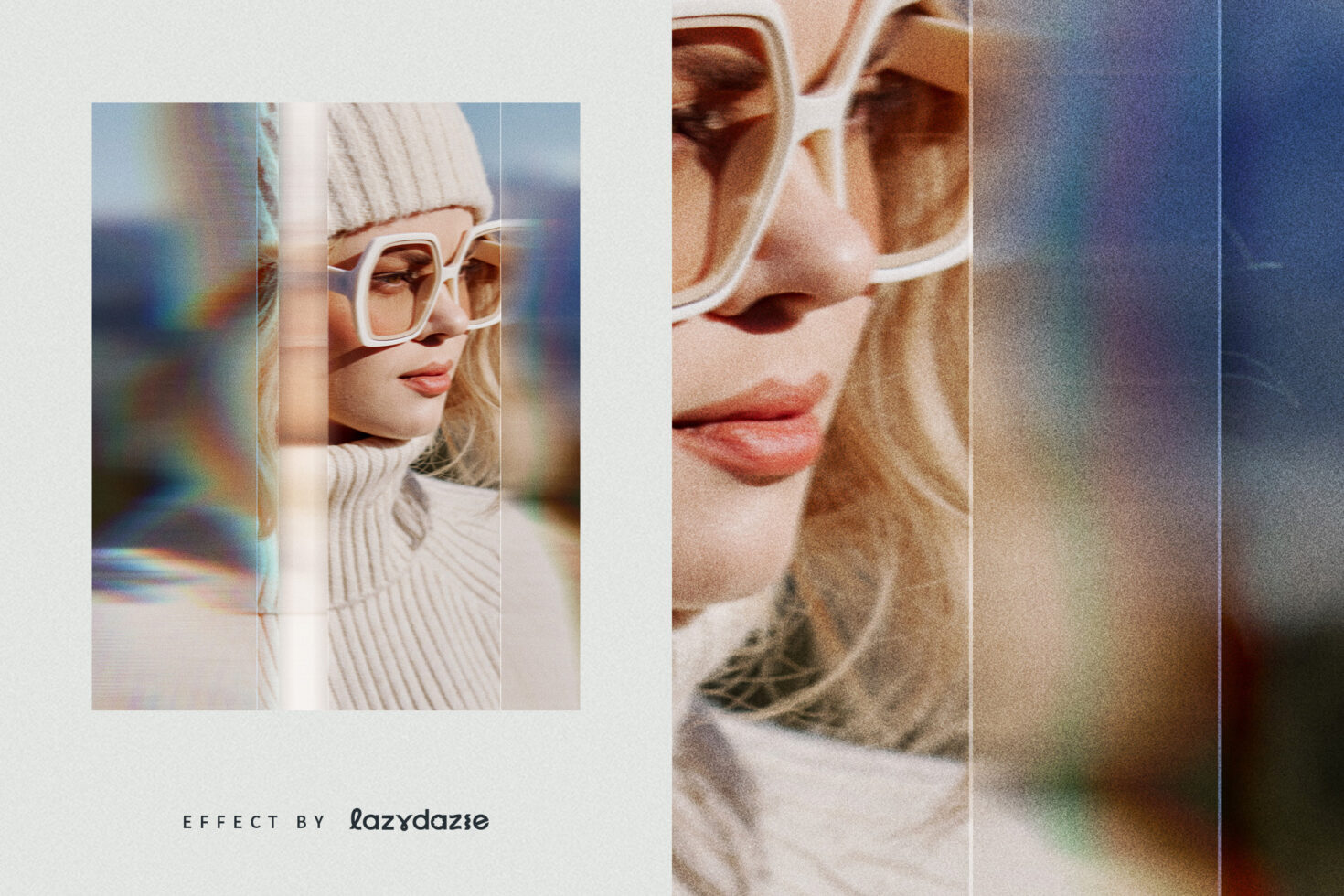 Portrait split into vertical strips with prism light leaks, woman wearing white frame glasses