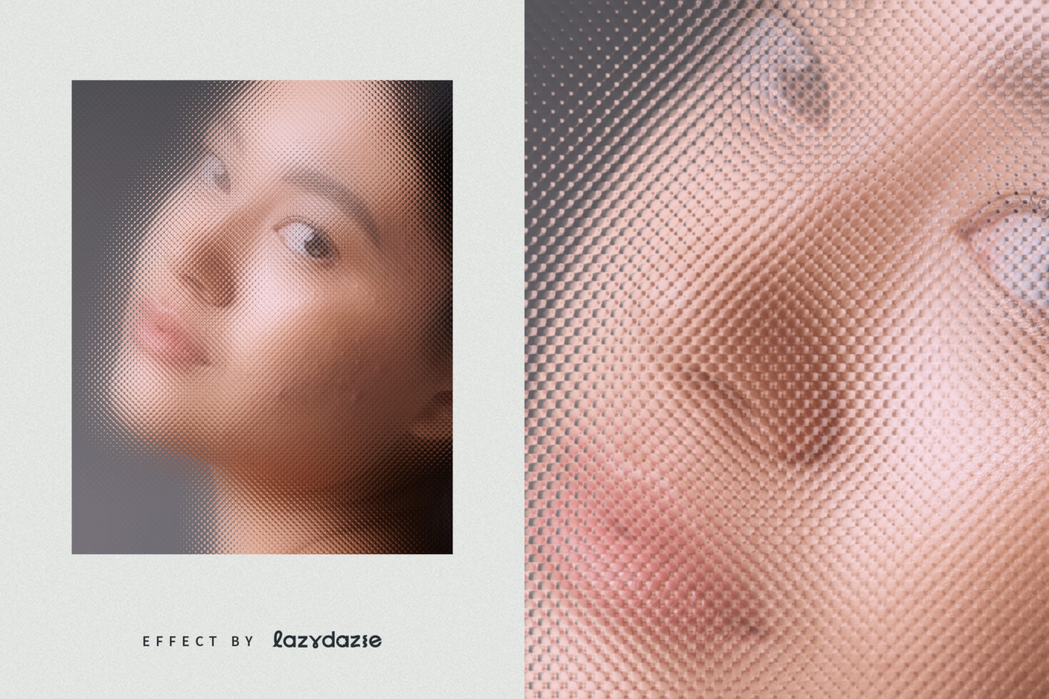 Halftone texture effect on a woman's portrait with a close-up view on the right. Perfect for designers needing unique graphic effects and mockups.
