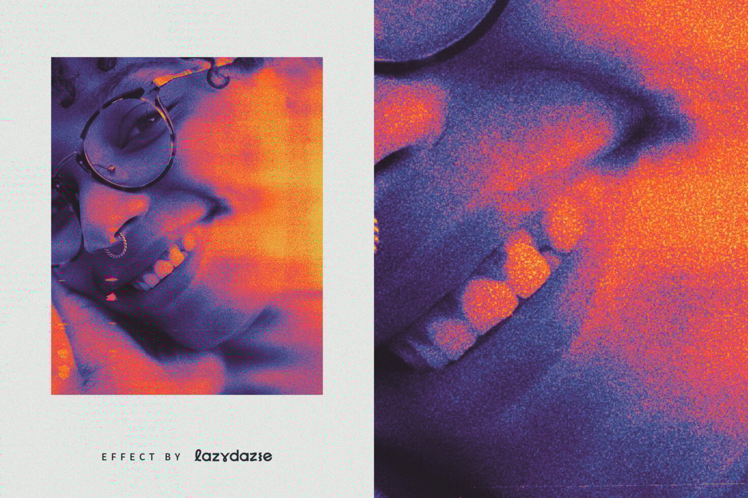 Retro-style digital photo effect showcasing a smiling face in vivid orange and purple tones; perfect for graphic designers and creative projects.