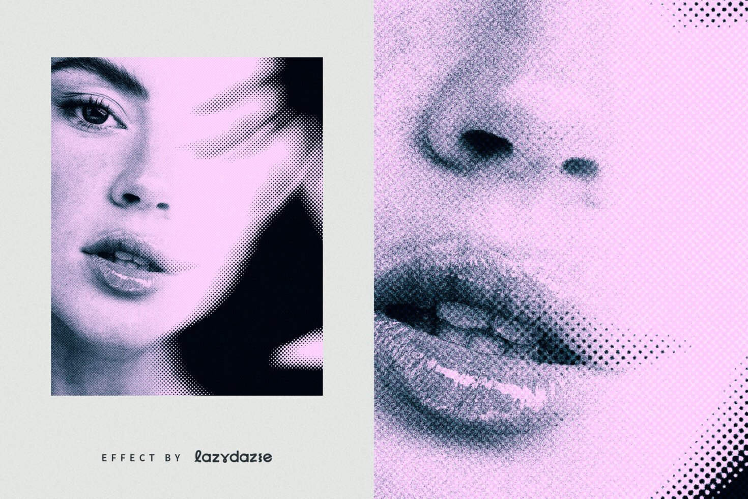 Halftone portrait effect template featuring close-up of a woman's face with pink and black gradient. Perfect for graphic design, digital art, textures.