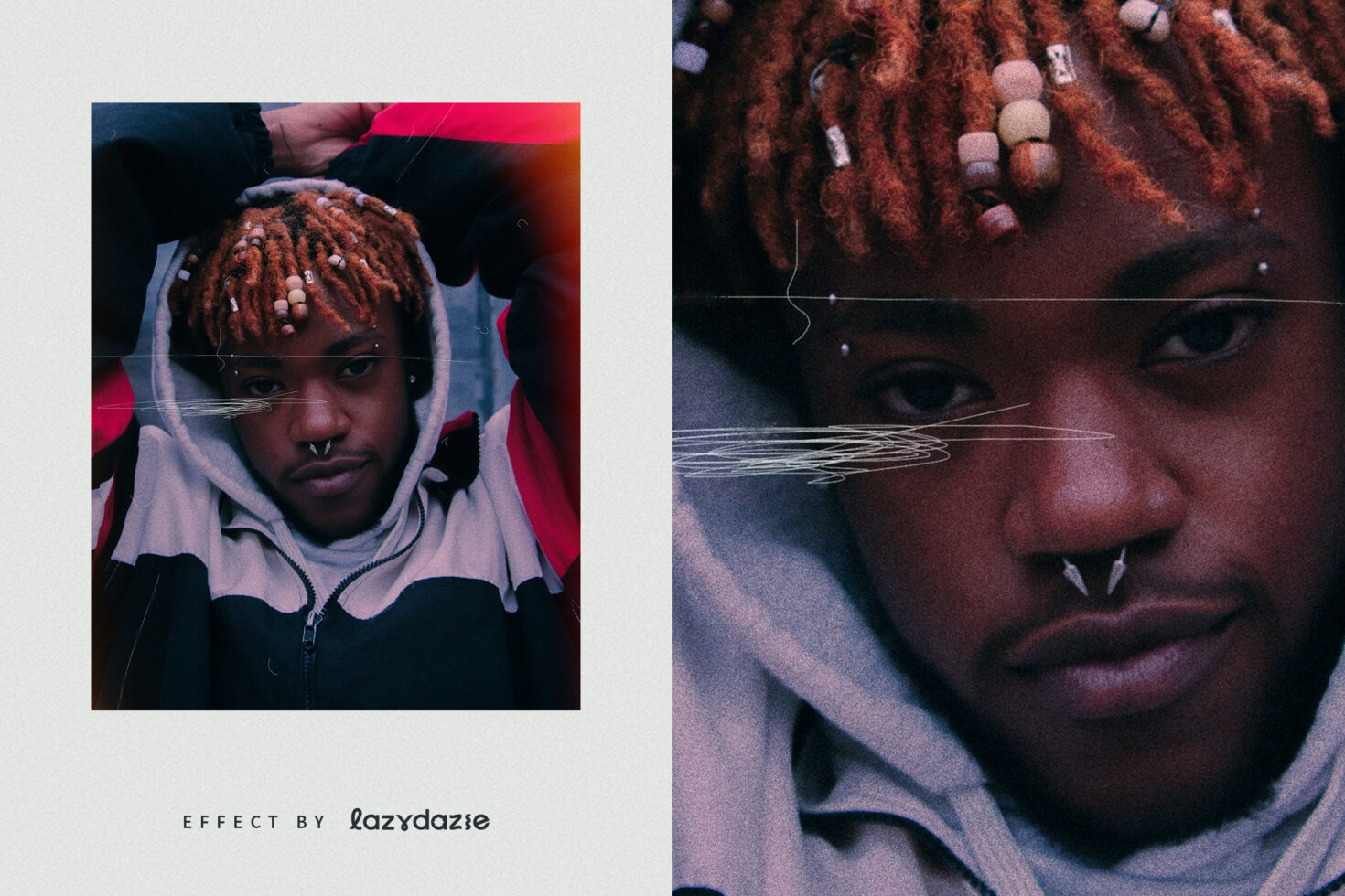 Close-up portrait featuring a stylish individual with dreadlocks and piercings, wearing a hoodie. Perfect for edgy graphic design or urban templates.