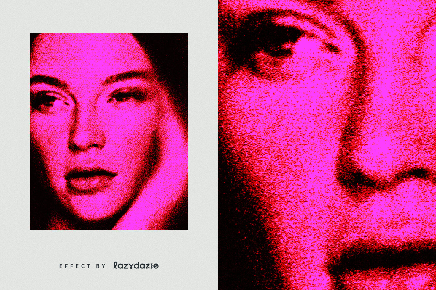 Bold pink halftone photo effect featuring a woman's face for graphic design mockups and templates. Vibrant, retro aesthetic for creative projects.