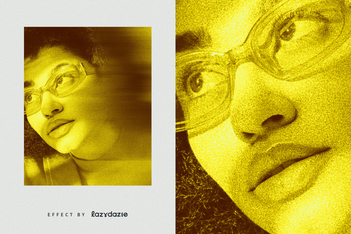 Vibrant yellow photo effect showcasing a close-up portrait of a woman with glasses, suitable for graphic templates and design mockups. Vintage style filter.
