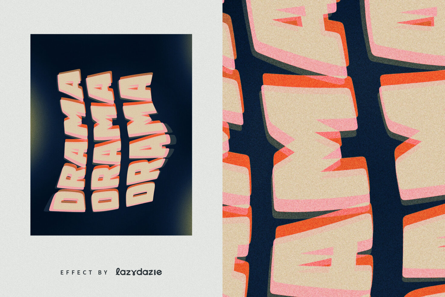 Retro 3D text effect reading Drama in bold letters with a vibrant color palette perfect for graphic design projects fonts templates digital assets