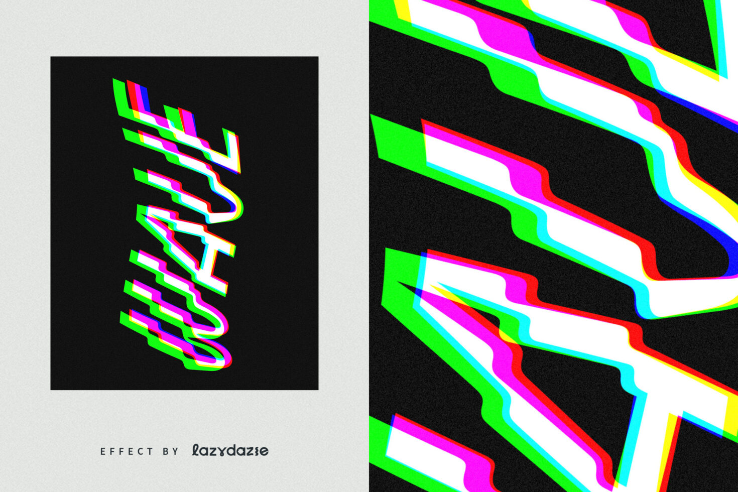 Vibrant glitch text effect showcasing WAVE in multicolor 3D glitch style against black background ideal for graphics designers seeking unique typography designs.