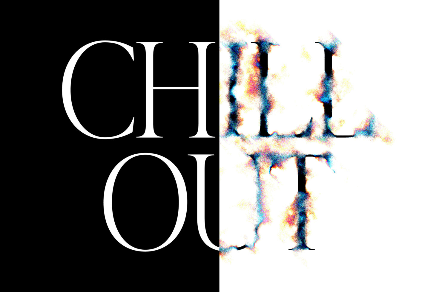 Typography art with bold contrast Chill Out text design divided into black and white halves. Ideal for graphics, templates, and print design projects.