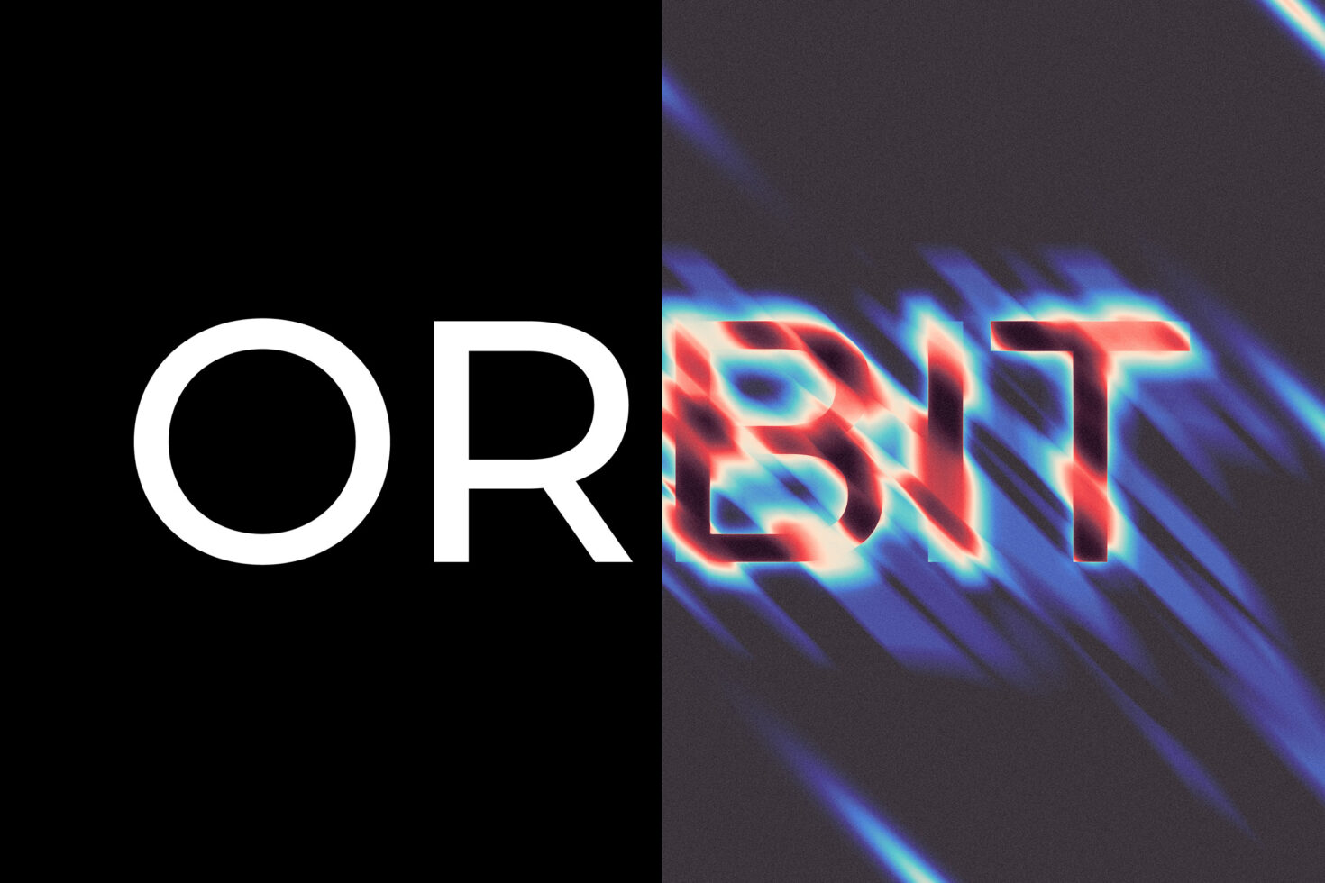 Bold ORBIT text split into clean sans-serif and distorted neon effects ideal for graphic design, digital art, typography template, futuristic aesthetics.