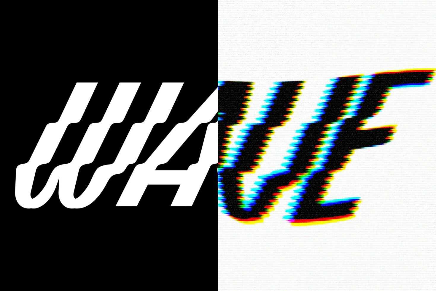 Bold typographic design with distorted glitch effect on WAVE text. Half black and white split. Optimized for graphic design assets and typography projects.