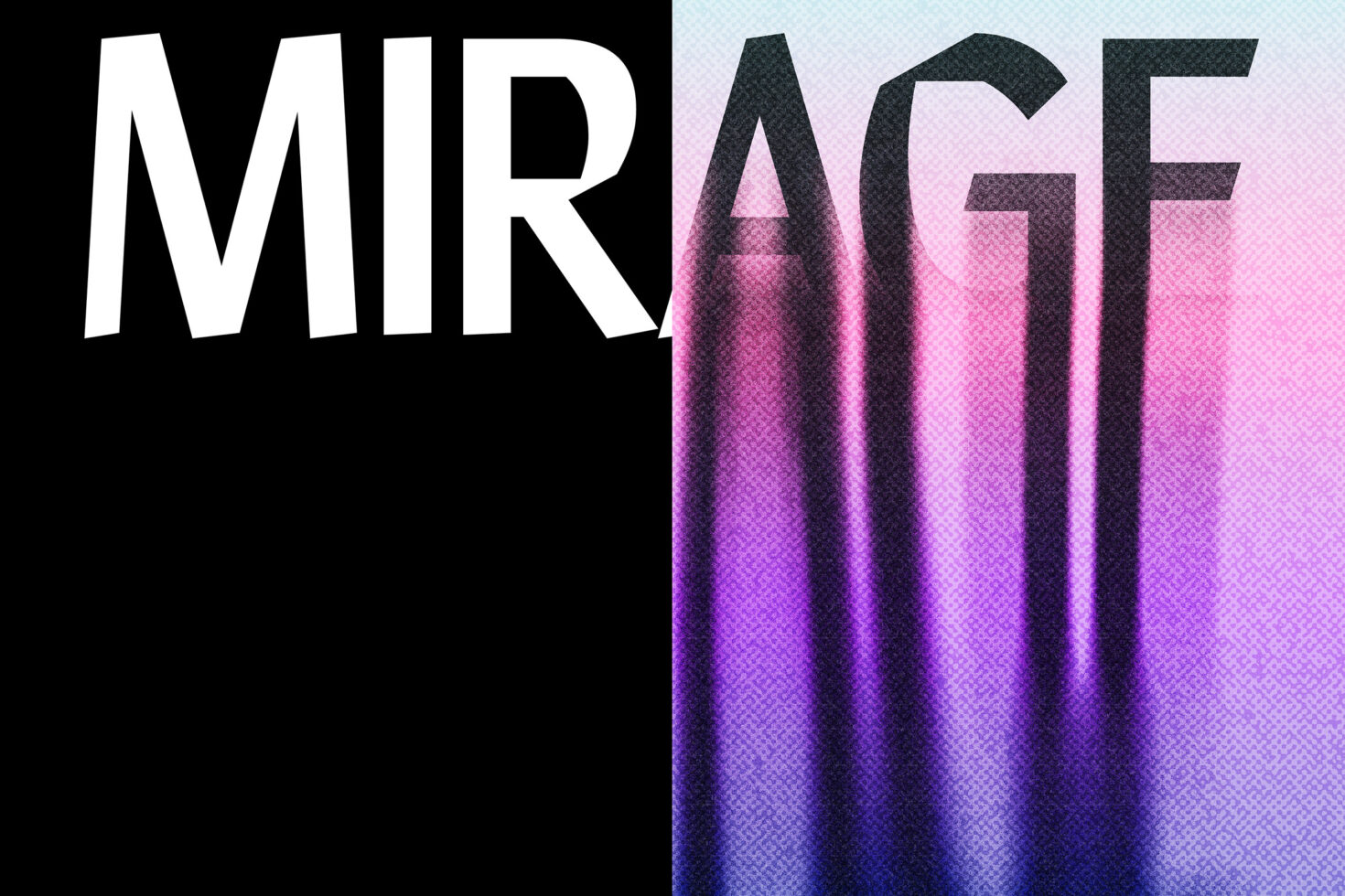 Typography graphic featuring the word Mirage split with bold white letters on black and gradient 3D shadow effect in pink and purple for designers.