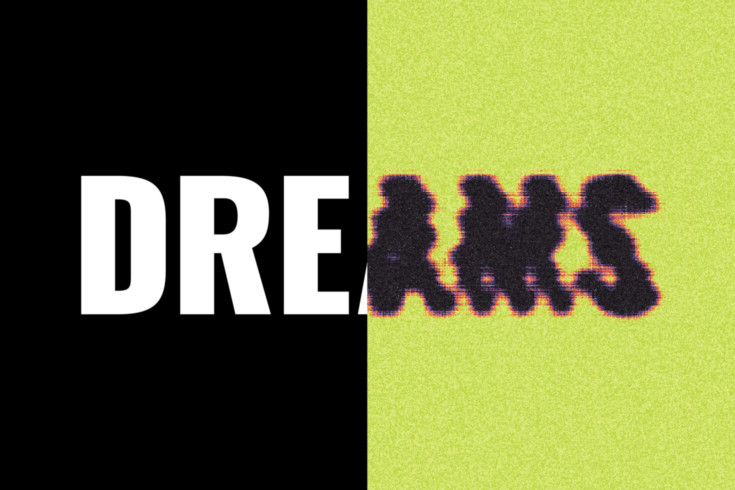 Bold white DREAMS text on black background merges with pixelated, distorted black text on yellow background. Perfect for text effects, graphic design.