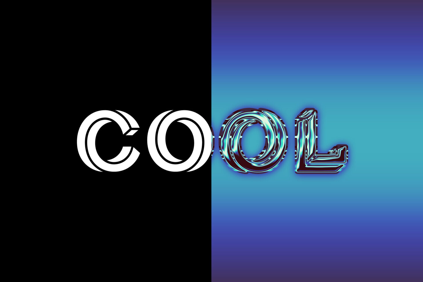 Abstract typography design featuring the word cool split into two styles black and white on left and neon blue gradient on right digital assets for designers.